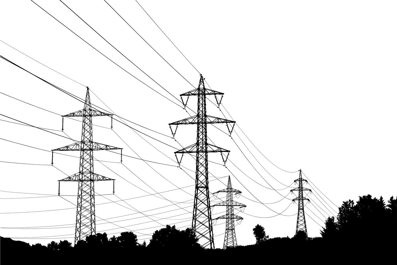 This image shows a silhouette of overhead 33kv & 132kv lines, that form the UK energy grid landscape.